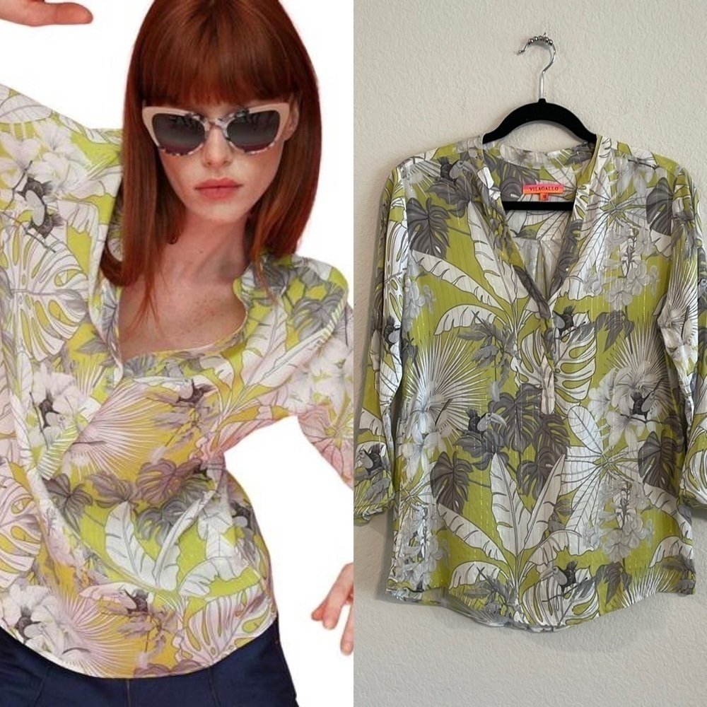 Vilagallo Women's Tunic Medium Green & White Stretch Cotton Tropical Floral